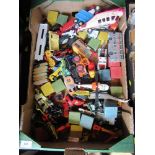 Two boxes of assorted toys, including Corgi, Playmobil, Tonka, etc.