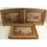 Three 19th century English School oil on canvas, rural scenes with figures and horses or donkeys,