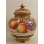 A Royal Worcester crown top pot pourri, decorated half round with hand painted fruit by Freeman,