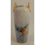 A Royal Worcester vase, decorated with a Kingfisher on a reed by R Austin, with a pair of gilt