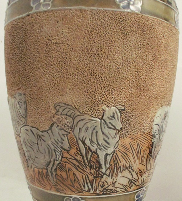 A pair of Doulton Lambeth stoneware vases, decorated with a band of sheep and dogs by Hannah Barlow, - Image 3 of 5