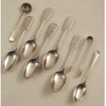 A set of four Georgian silver fiddle pattern tea spoons, engraved with initials, London 1834,