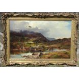 S R Percy, oil on canvas, cattle with figures in mountainous landscape, 23ins x 37.5ins