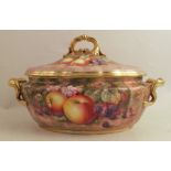 A Royal Worcester covered soup tureen, decorated all over with hand painted fruit by Townsend,