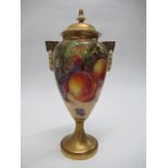 A Royal Worcester covered vase, decorated half round with hand painted fruit by Freeman, to gilt