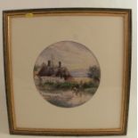 William Herdman Jnr, a framed circular watercolour of a cottage and duck pond with a woman and child