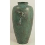 A 20th century Japanese green patinated bronze vase, decorated in relief with a frog to one side