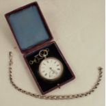 A silver cased open face pocket watch with white enamel dial and subsidiary seconds dial, in a