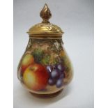 A Royal Worcester quarter lobed covered vase, decorated half round with hand painted fruit by