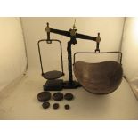 A set of Avery shop scales, stamped Avery Patent, with 4lb, 2lb, 1lb, 8oz, 4oz and 2oz weights