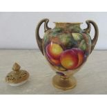 A Royal Worcester vase, decorated half round with hand painted fruit by Lynes, height 5ins, together