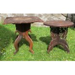 Two carved Eastern style tables, the circular one with brass inlay, diameter 15ins x height 16ins