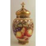 A Royal Worcester crown top pot pourri, decorated half round with hand painted fruit by Freeman,