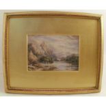 A 19th century English School watercolour, view across water with boat and mountains, 4.5ins x 6.