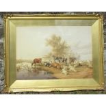 Thomas Sidney Cooper, watercolour, cattle and sheep by water, signed and dated 1858, 19ins x 27ins
