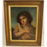 A 19th century oil on canvas, Innocence, child with dove, inscribed verso, 16.5ins x 12.5ins