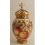 A Royal Worcester crown top pot pourri, decorated half round with hand painted fruit by Ayrton,
