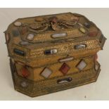 A Victorian gilt metal casket, the basket weave body set with various hardstones, 8.25ins x 6.