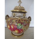 A Royal Worcester covered bow piece, decorated half round with hand painted fruit by Freeman,