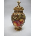 A Royal Worcester crown top pot pourri, decorated half round with hand painted fruit by Ayrton,