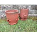 Two similar terracotta strawberry pots, or planters, of cylindrical form, height 15ins