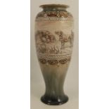 A 19th century Royal Doulton stoneware vase, by Hannah Barlow, decorated band of dogs in grass land,