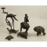 A Chinese metal toad sensor, with figural finial, together with a bronze model of a frog, a bronze