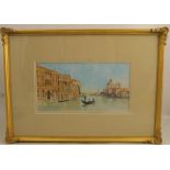 T Longega, watercolour, Venetian scene with figures in gondola and buildings, 7ins x 13ins