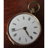 A 14K gold ladies open faced fob watch, with engraved case and white enamel dial, af
