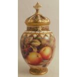 A Royal Worcester crown top pot pourri, decorated half round with hand painted fruit by Ayrton,