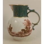 A 19th century English porcelain leaf moulded jug, with mask spout and green band with gilt