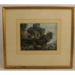 A 19th century watercolour, landscape with rocky cliffs, water and figures, 6ins x 8ins