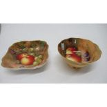 A Royal Worcester bowl, and a squared dish, decorated with hand painted fruit by Mosley, diameters