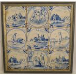 Nine blue and white delft tiles, decorated with figures and buildings, framed as one, 15ins x