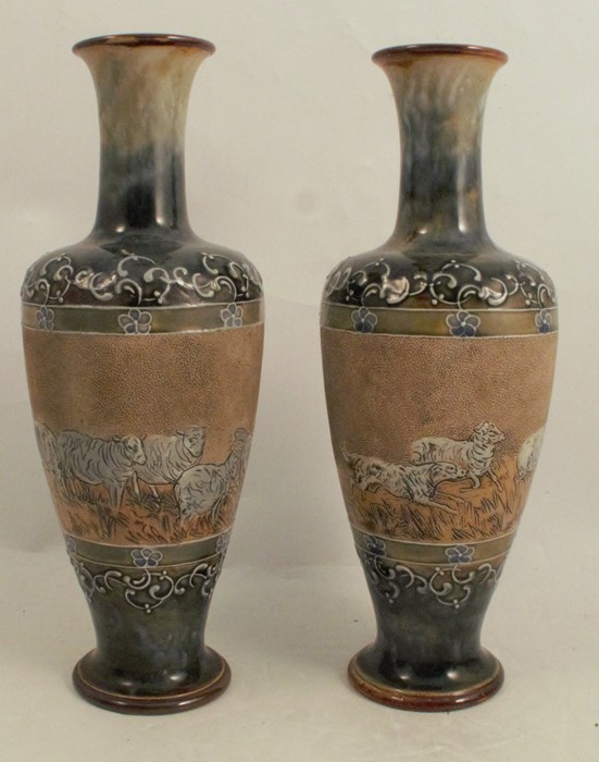 A pair of Doulton Lambeth stoneware vases, decorated with a band of sheep and dogs by Hannah Barlow, - Image 2 of 5