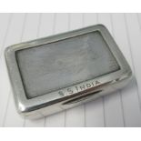 A white metal vesta case, engraved with S.S India , P&O Co. Sep 1896