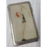 A white metal case, with a panel of a lady with bow and arrow