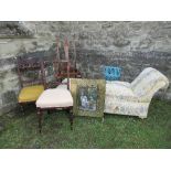A chaise on longue/ ottoman, together with two bedroom chairs, a fire screen and a chair frame