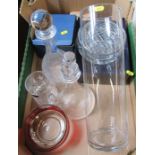 A box of various glassware, to include a vase and decanters