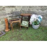 A centre table, stool with tapestry top, with needlewoman shop , London stamp, CD rack, nest of