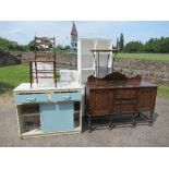 A collection of furniture to include, sideboard, pair of white units, cabinets, caned top table,