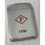 A silver vesta case, with enamelled P for John Powers & Sons Whisky,