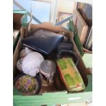 A box of sundries to include small stein, shell, souvenir items, Britains toy etc