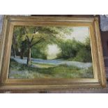 L Peet, oil on canvas, view through trees, 15.5ins x 23.5ins