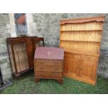 A burr walnut display cabinet. width 48in , height 48ins, together with an Edwardian bureau 30ins