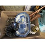 A box of assorted items, to include oil lamp, coaching horn, blue and white dish, Star Trek chess