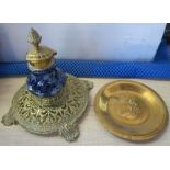 A Victorian pierced brass and porcelain inkstand, together with a Huguenin Locle brass dish
