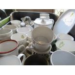 A box of assorted china, to include Aynsley teaware, mugs, etc.