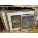 Two 19th century colour prints, figures in an interior scene and figures in landscape, 18ins x 23ins