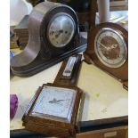 Two oak cased mantel clocks, together with a barometer